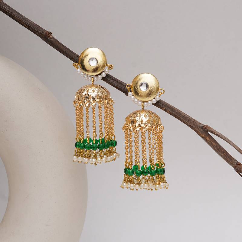 Golden Crescent Jhumkas - Green